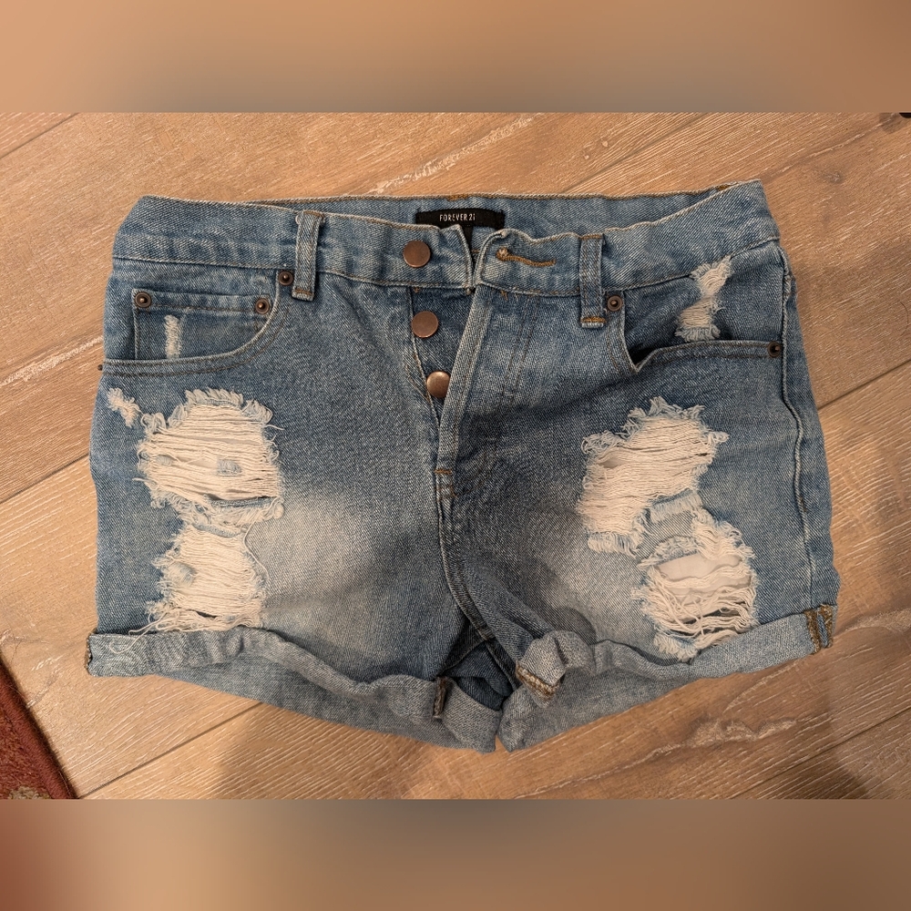 Forever 21 Light Blue Ripped Jean Shorts